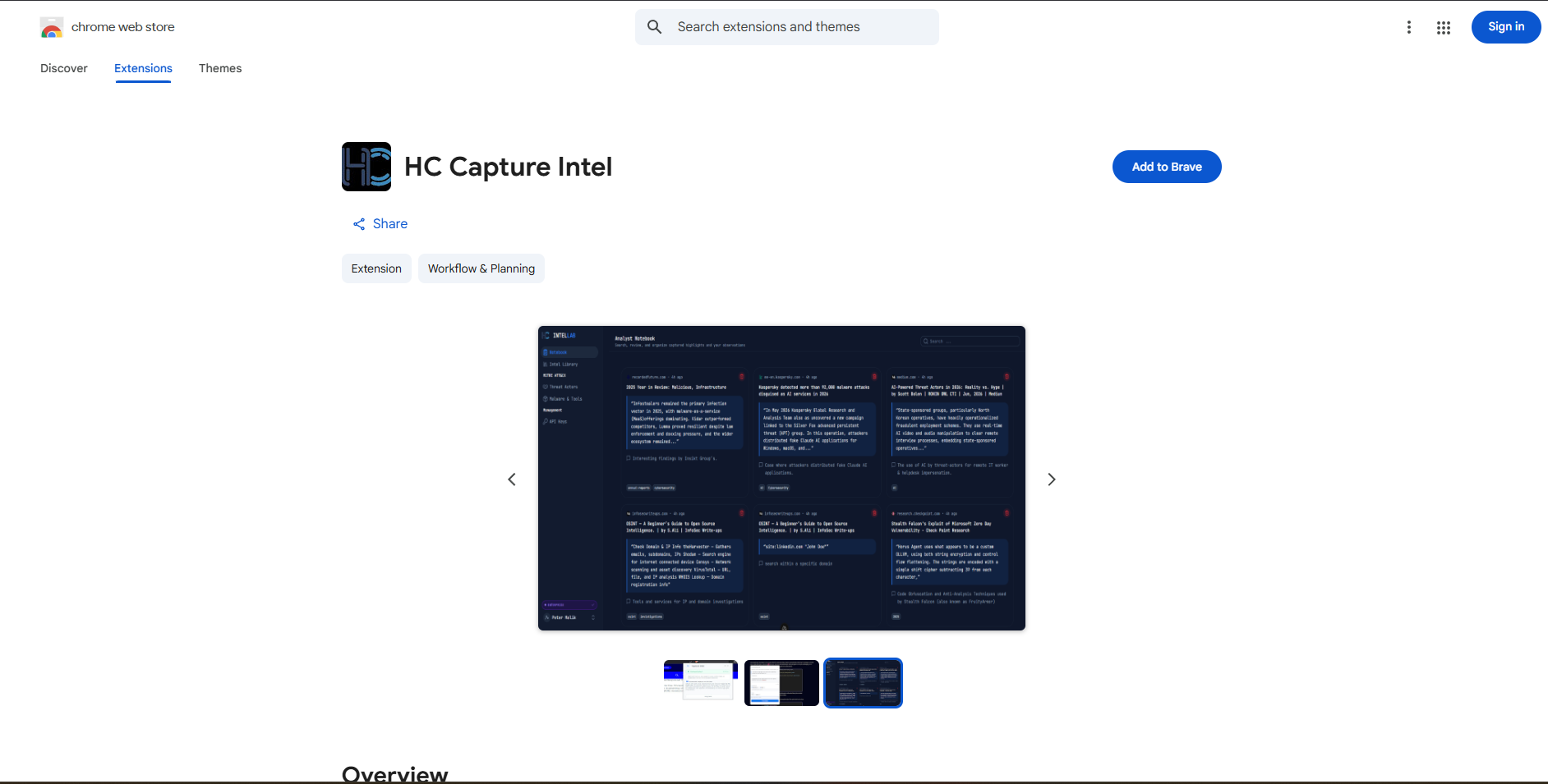 Chrome Web Store listing for HC Capture Intel with Add to Chrome button highlighted