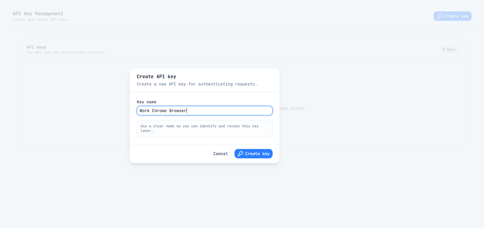 Dashboard API keys interface showing Create API Key button
