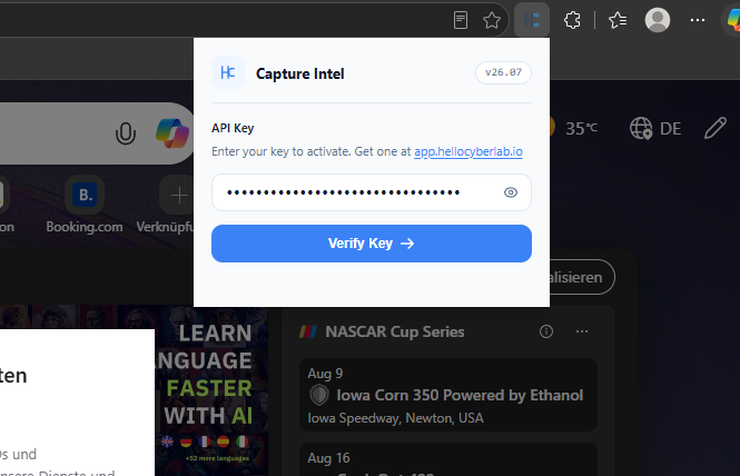 Extension popup interface prompting for API key entry and confirmation state