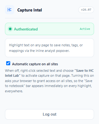 Extension popup setting with Automatic capture on all sites toggle switched ON