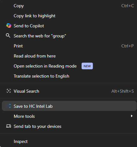 Right-click menu on webpage text selection highlighting Save to HC Intel Lab option