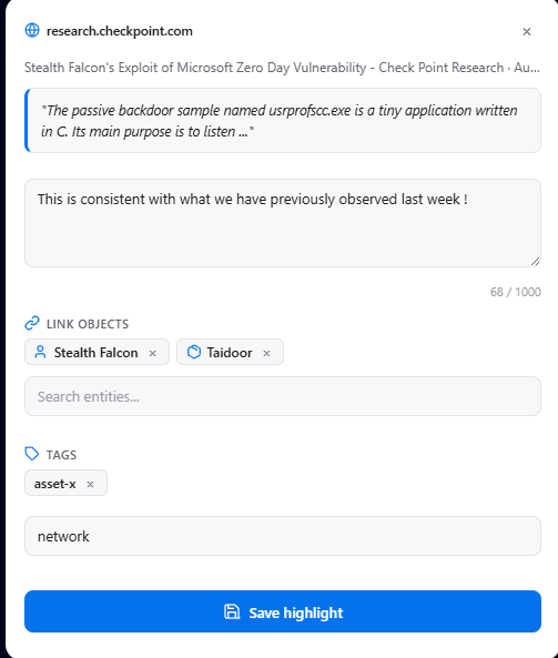 Selecting text on a webpage with floating action bar, tagging, and Save button