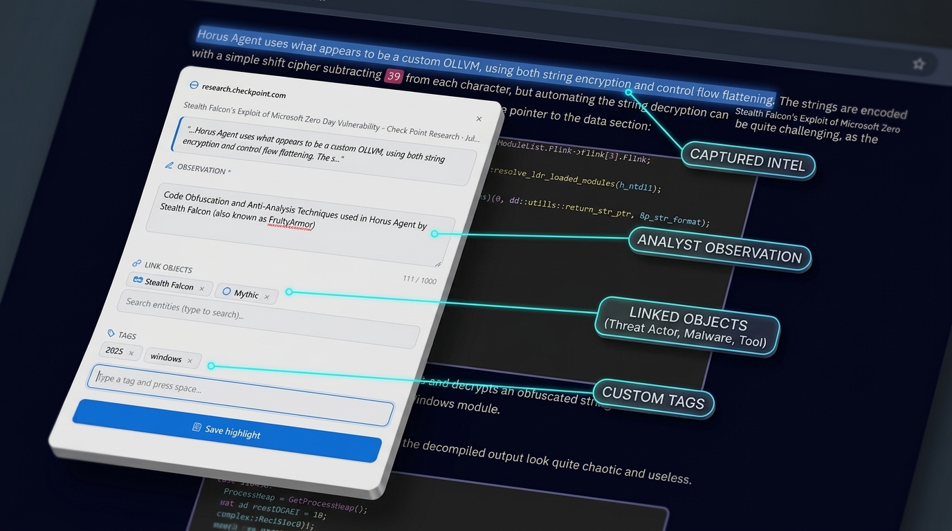 Browser extension capturing threat intelligence from a web page